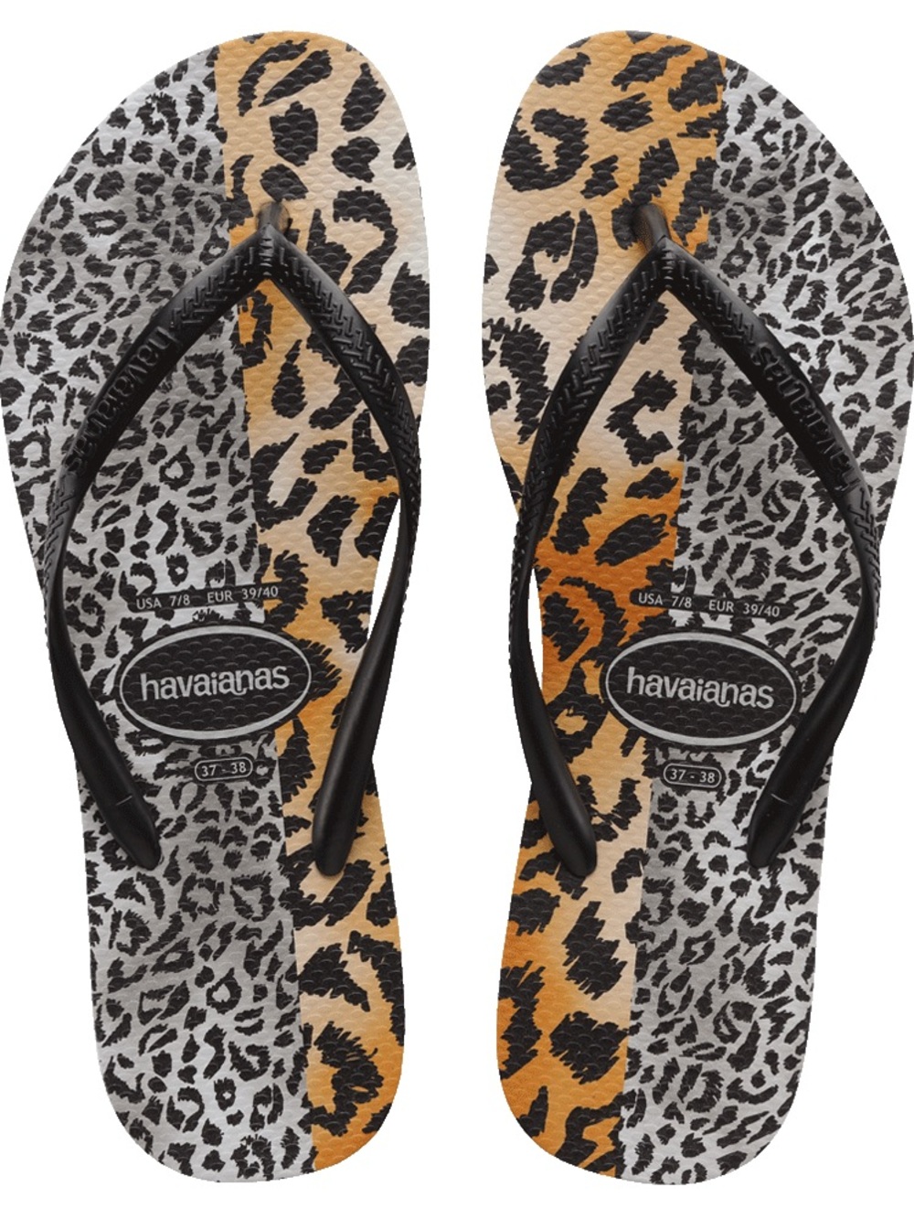 Havaianas Women’s Leopard Print Flip Flops in Black and Orange